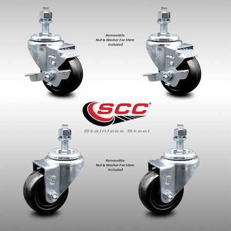 Service Caster 3.5 Inch SS Hard Rubber Wheel Swivel 12mm Threaded Stem Caster Brakes, 2PK SCC-SSTS20S3514-HRS-M1215-2-TLB-2